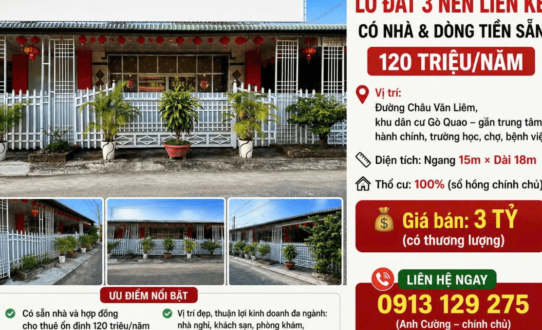 CẦN BÁN LÔ ĐẤT 3 NỀN LIỀN KỀ – CÓ NHÀ & DÒNG TIỀN SẴN 120 TRIỆU/NĂM 🔥